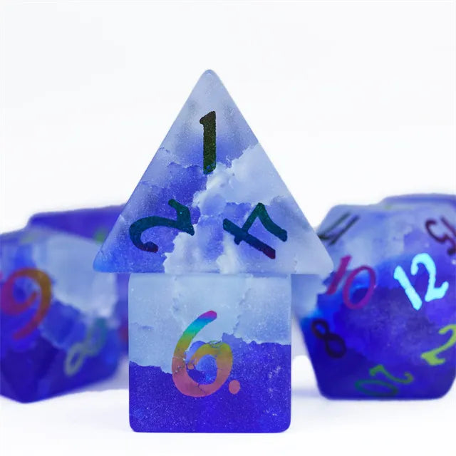 Level Up Premium Dice | Burst Lightning Glass | Rainbow Font | Blue White