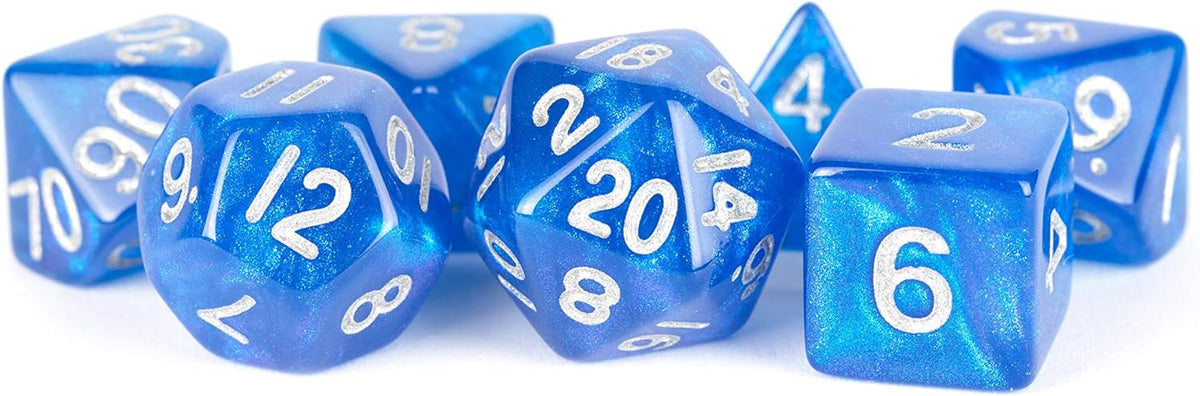 Stardust Blue / Silver Numbers - 16mm Acrylic Dice Set