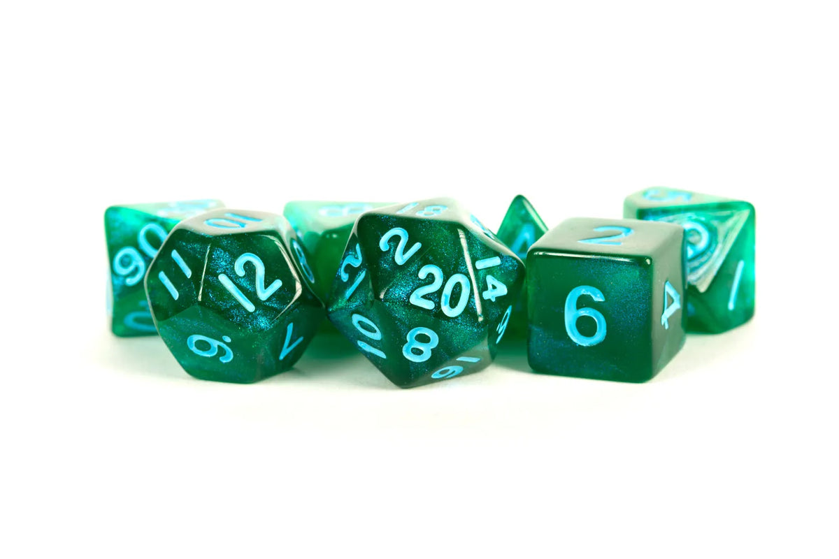 Stardust Green / Blue Numbers - 16mm Acrylic Dice Set