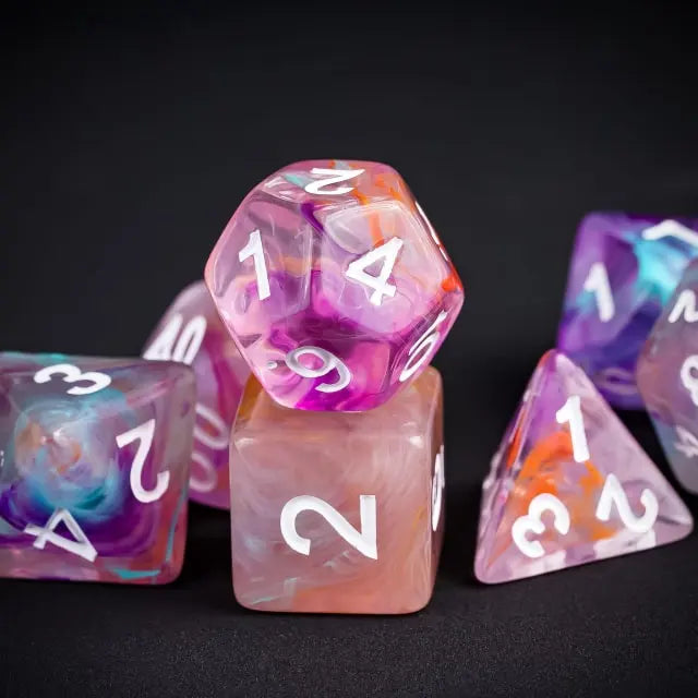 Level Up Dice | Translucent Two-Color Swirl  | (Purple/Orange/Green)