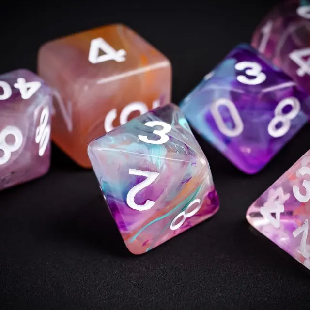 Level Up Dice | Translucent Two-Color Swirl  | (Purple/Orange/Green)